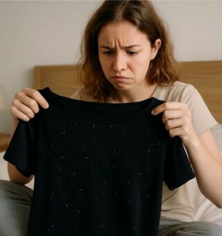 Uma mulher vendo sua roupa com pontinhos brancos