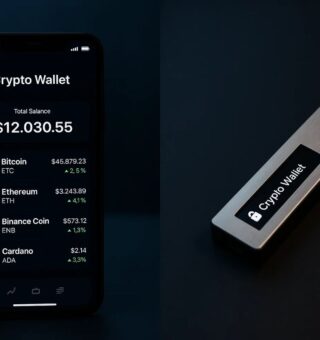 Imagem de uma hot wallet ao lado de uma carteira fria, que parece um pen drive