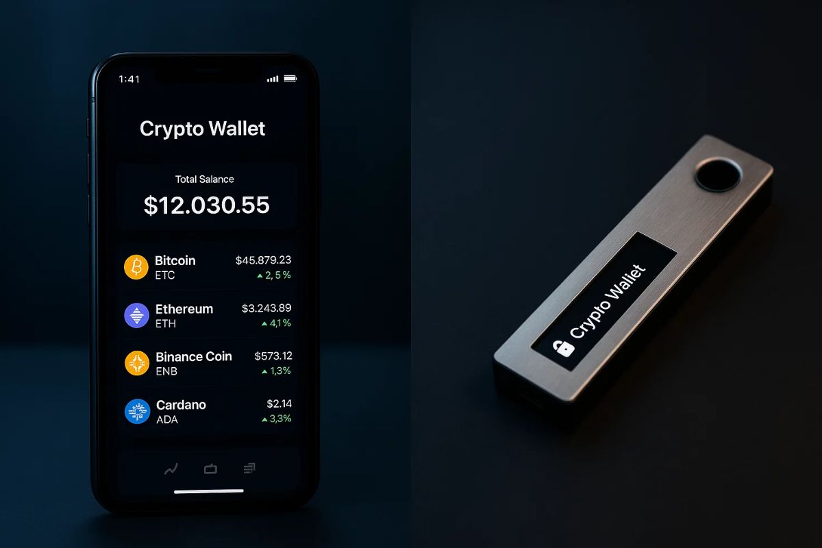 Imagem de uma hot wallet ao lado de uma carteira fria, que parece um pen drive