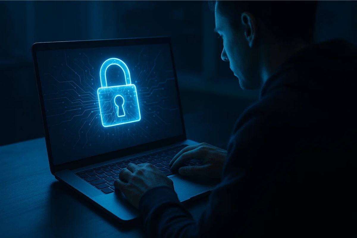 Uma pessoa em frente ao notebook preocupado com Segurança Digital