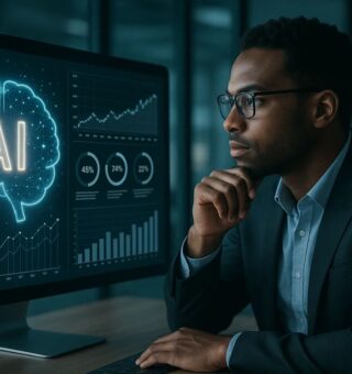 Uma pessoa no escritório trabalhando com auxílio da IA