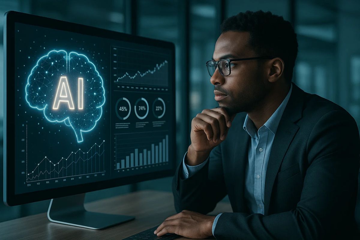 Uma pessoa no escritório trabalhando com auxílio da IA