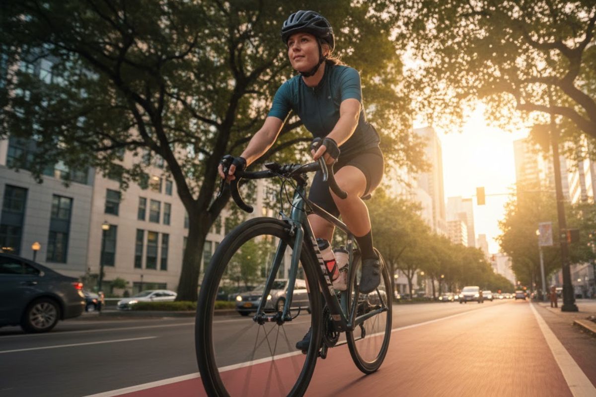 Uma mulher andando de bicicleta
