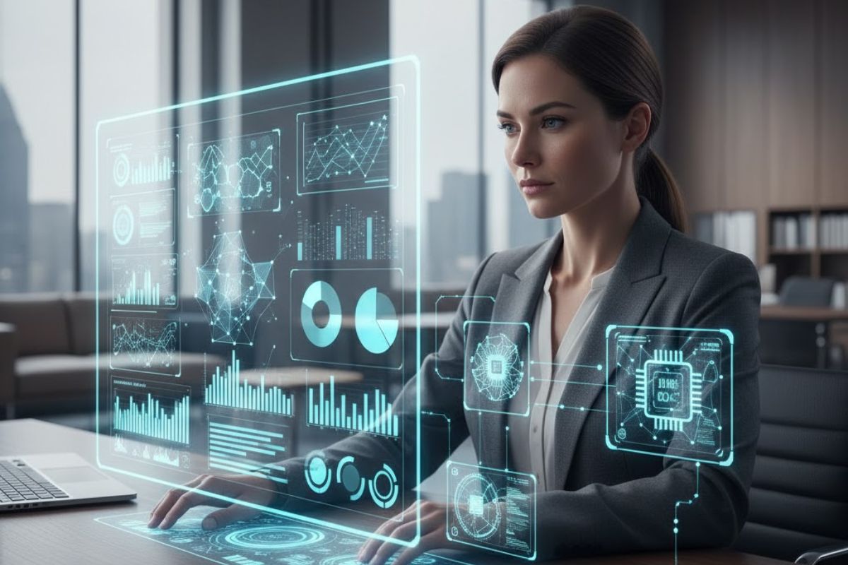 Uma pessoa no escritório trabalhando com auxílio da IA