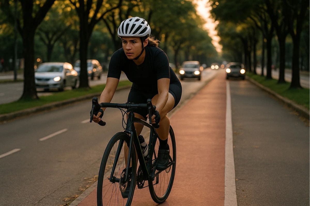 Uma mulher andando de bicicleta