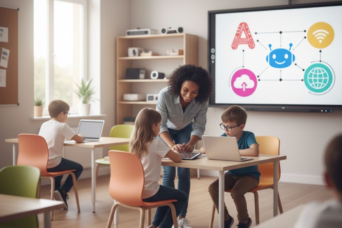 Uma professora de Alfabetização Digital na sala de aula