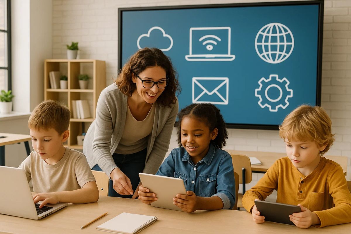 Uma professora de Alfabetização Digital na sala de aula