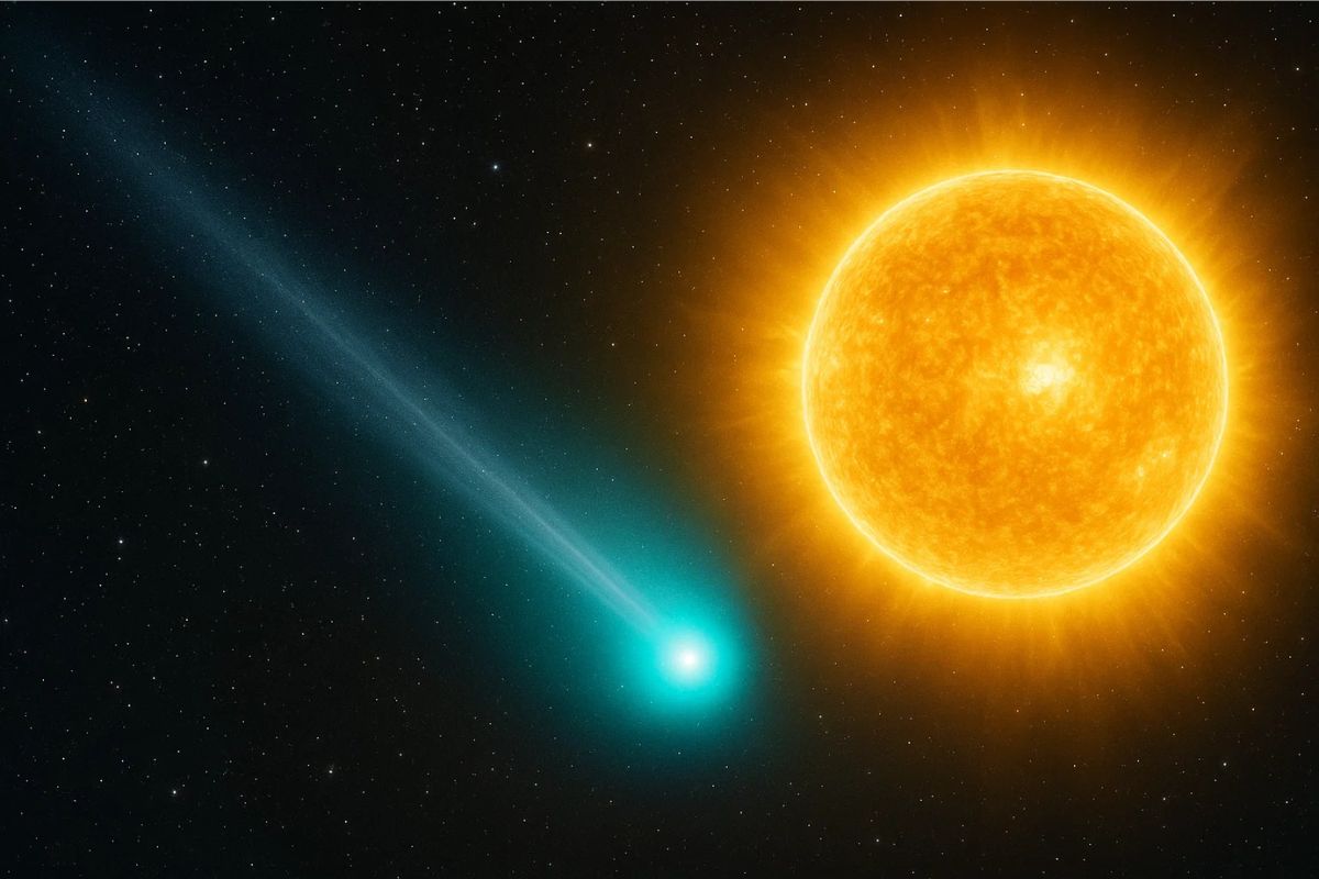 Imagem do 3I/ATLAS passando pelo céu em frente ao sol