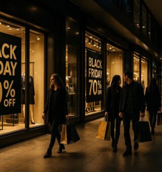 Pessoa andando em frente à vitrine com cartaz de Black Friday