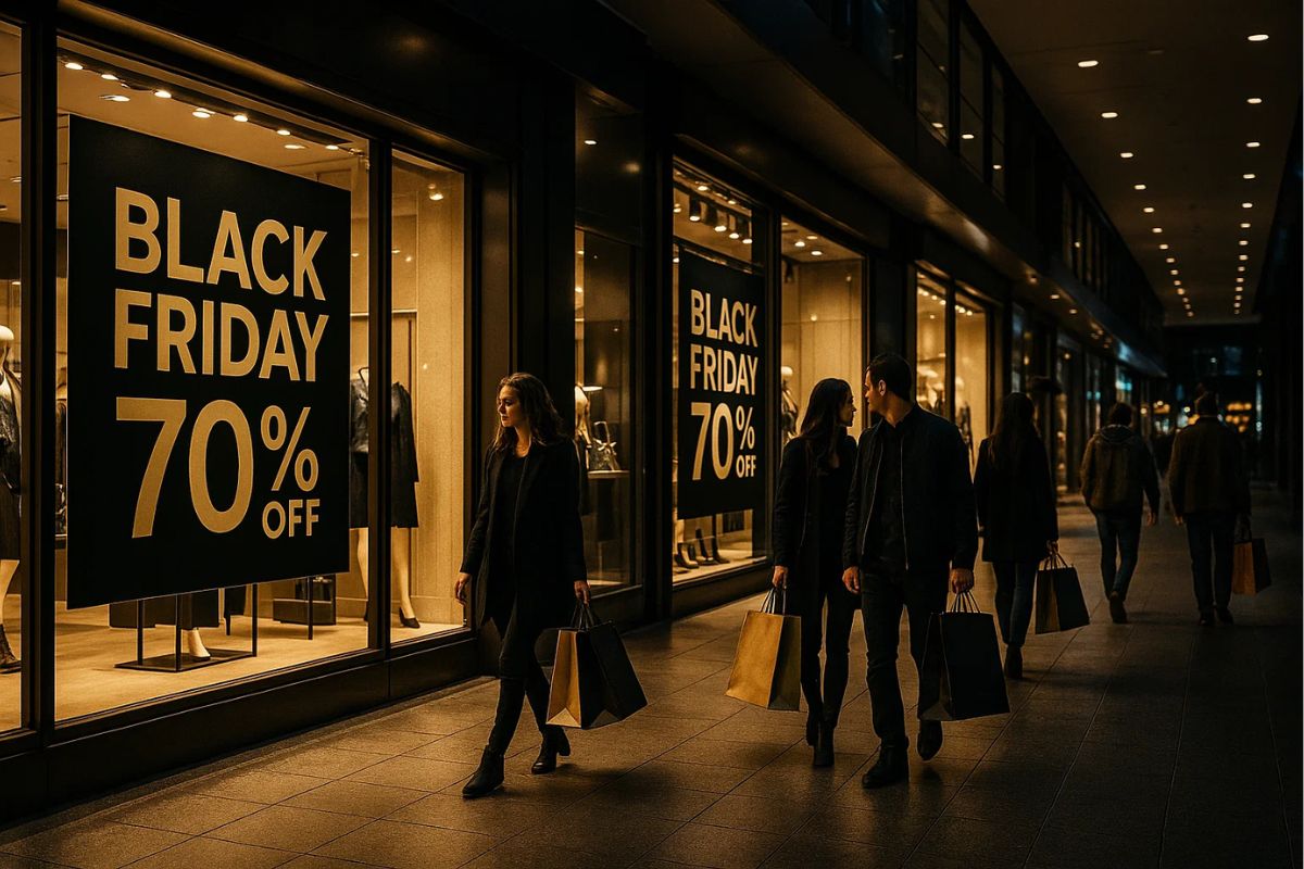Pessoa andando em frente à vitrine com cartaz de Black Friday