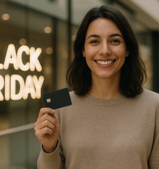 Uma consumidora com o cartão na mão e ao fundo uma vitrine brilha com o anúncio de Black Friday