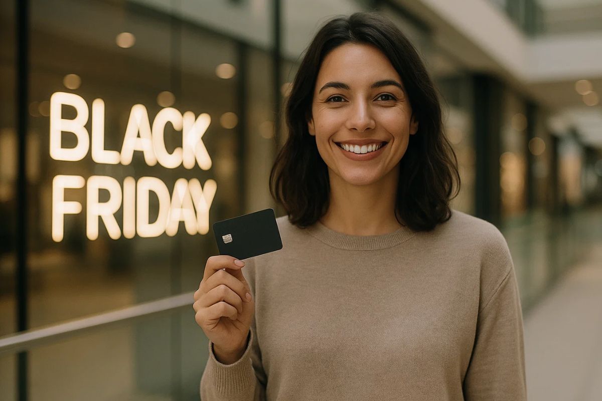 Uma consumidora com o cartão na mão e ao fundo uma vitrine brilha com o anúncio de Black Friday