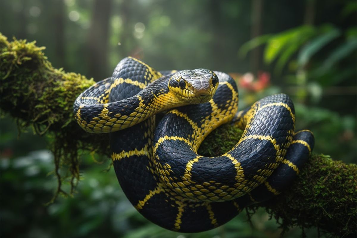 Uma cobra caninana em cima de um galho