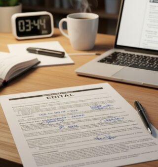 mesa de escritório onde há documentos do edital de um concurso