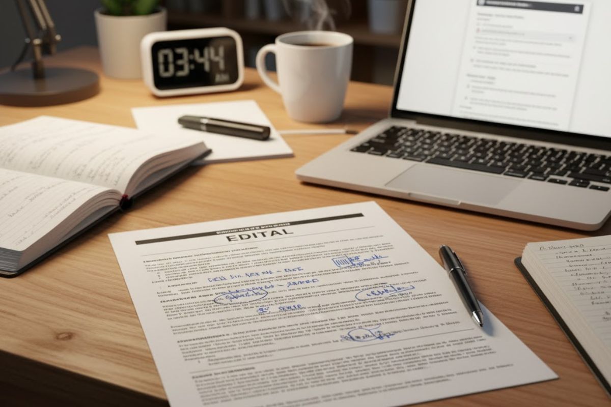 mesa de escritório onde há documentos do edital de um concurso