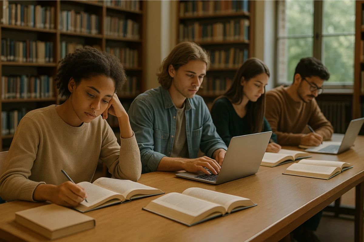 Jovens em uma biblioteca estudam para concurso público