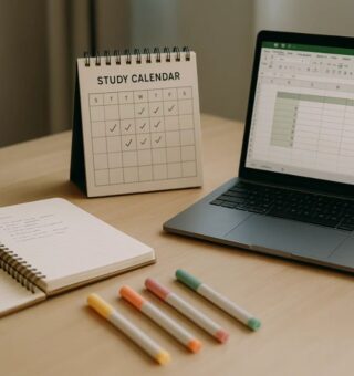 Mesa de quem estuda para concurso totalmente organizada