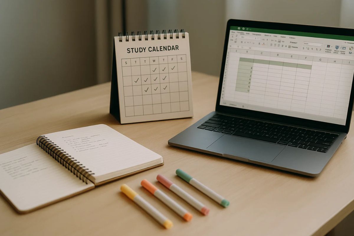 Mesa de quem estuda para concurso totalmente organizada