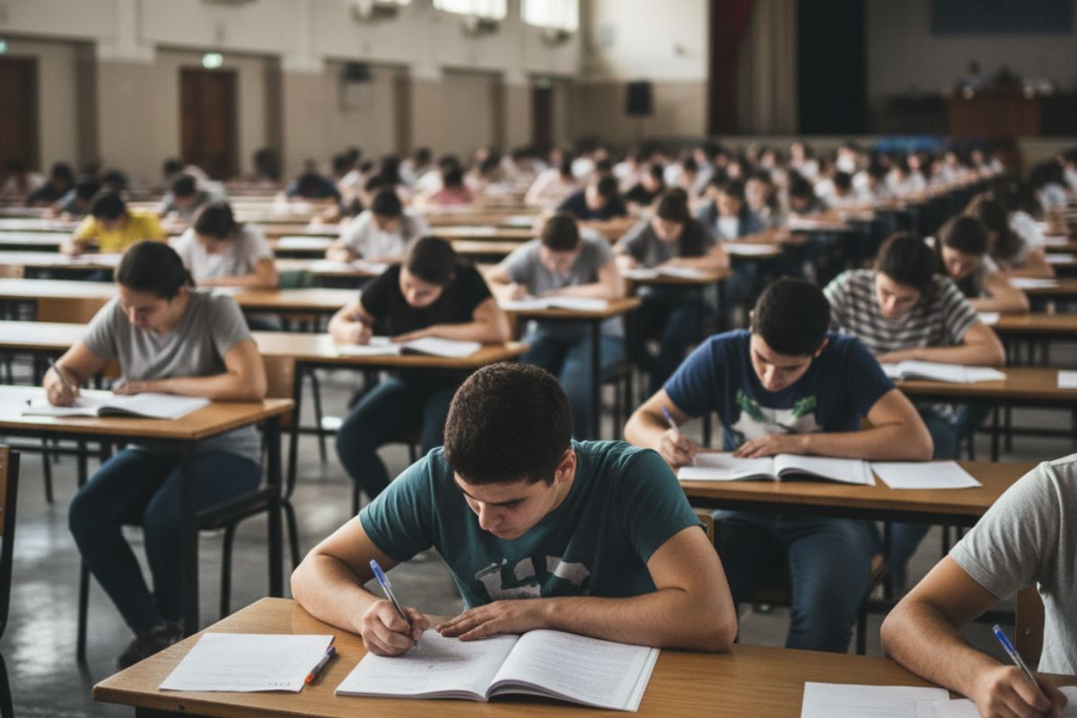 Um grupo de alunos prestando prova para o Concurso Público