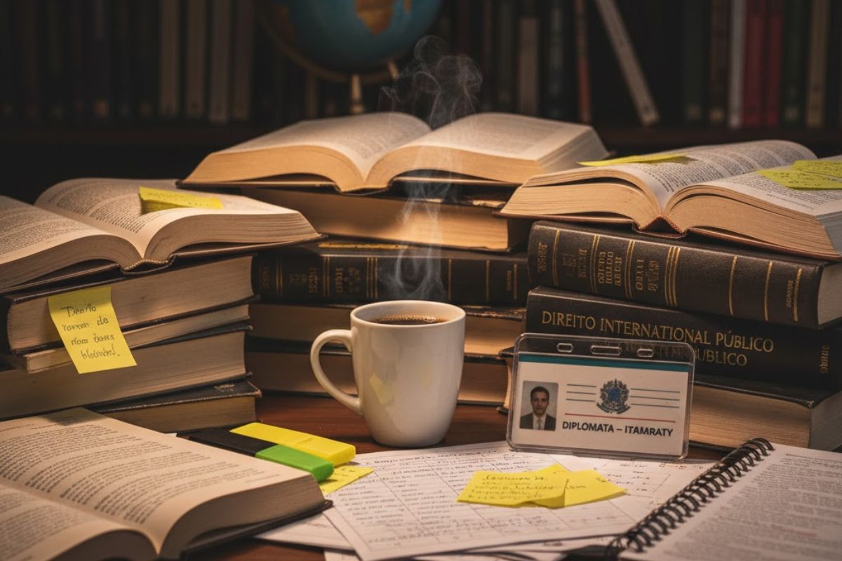 Uma mesa de estudos de alguém se preparando para o concurso público mais difícil do Brasil