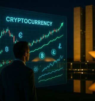Um executivo vendo as criptomoedas subindo em um gráfico