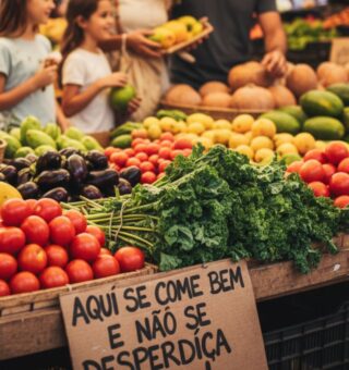 Uma feira de comida com uma placa para evitar o Desperdício
