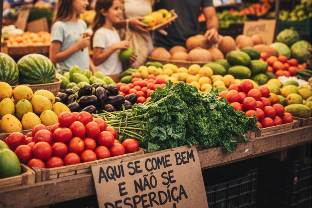 Uma feira de comida com uma placa para evitar o Desperdício