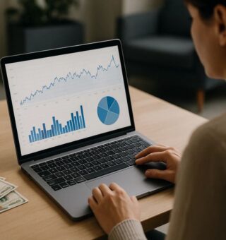 Uma mulher em frente ao notebook tenta dolarizar seu patrimônio