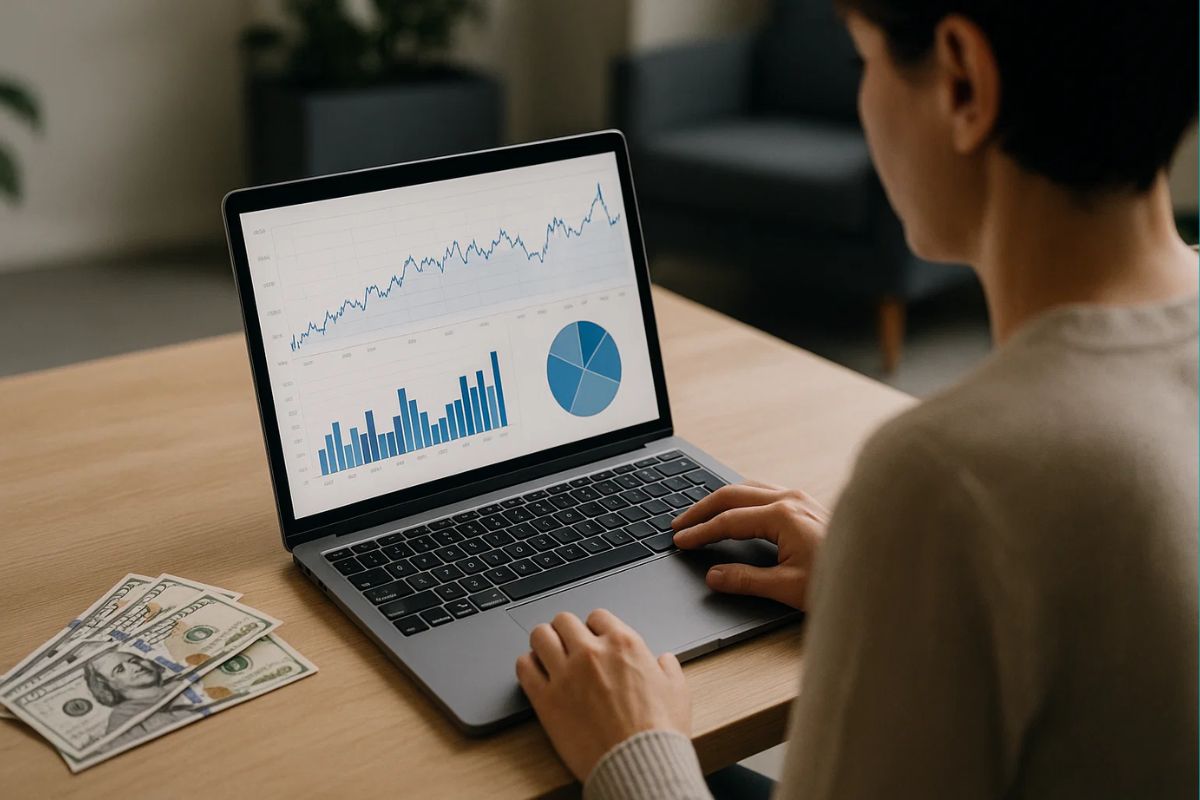 Uma mulher em frente ao notebook tenta dolarizar seu patrimônio