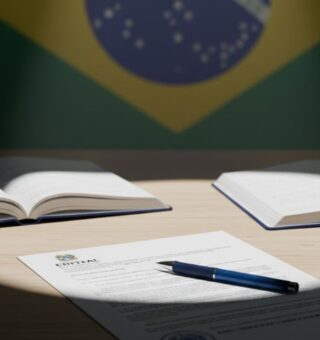 Um dos editais em cima da mesa ao lado de outros materiais