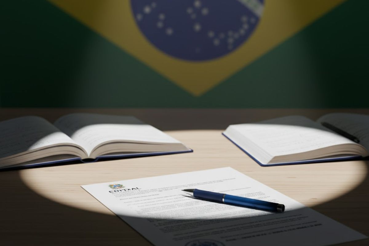 Um dos editais em cima da mesa ao lado de outros materiais