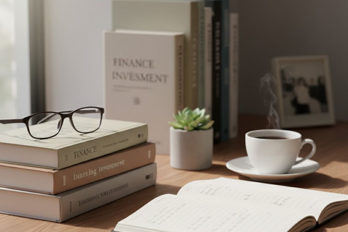 Livros sobre Educação Financeira em cima de uma mesa