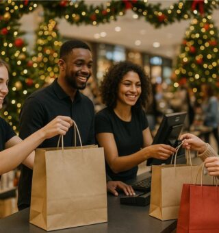 Um grupo de pessoas no banco do balcão da loja durante o emprego de fim de ano