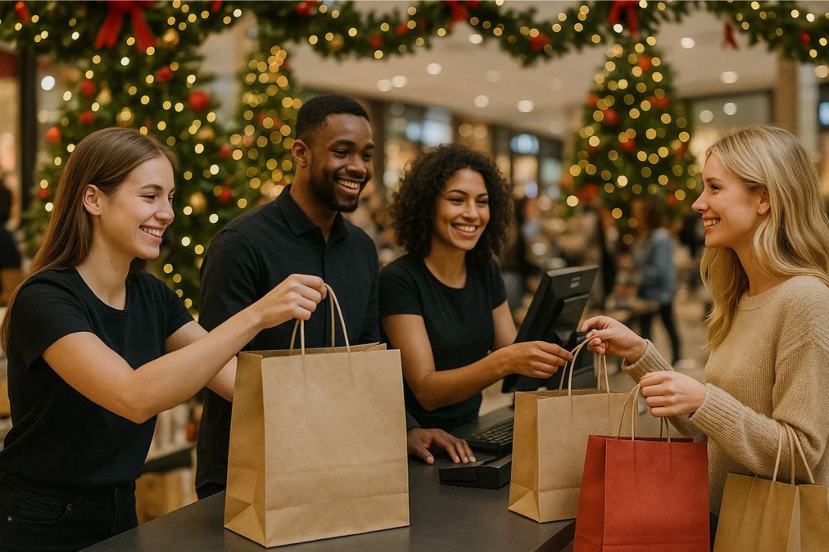 Um grupo de pessoas no banco do balcão da loja durante o emprego de fim de ano