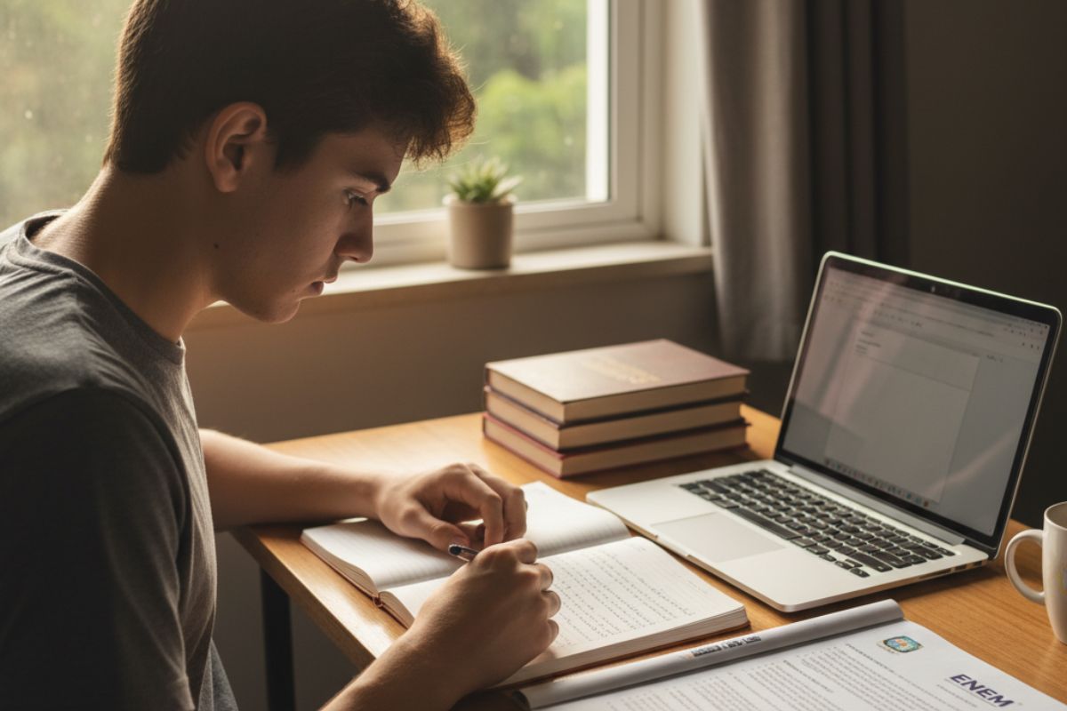 Um jovem estudando para o Enem 2025