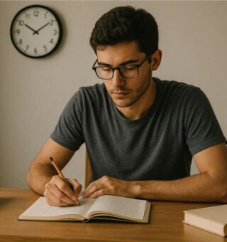 Um jovem pensando se dá para estudar 30 minutos para o concurso