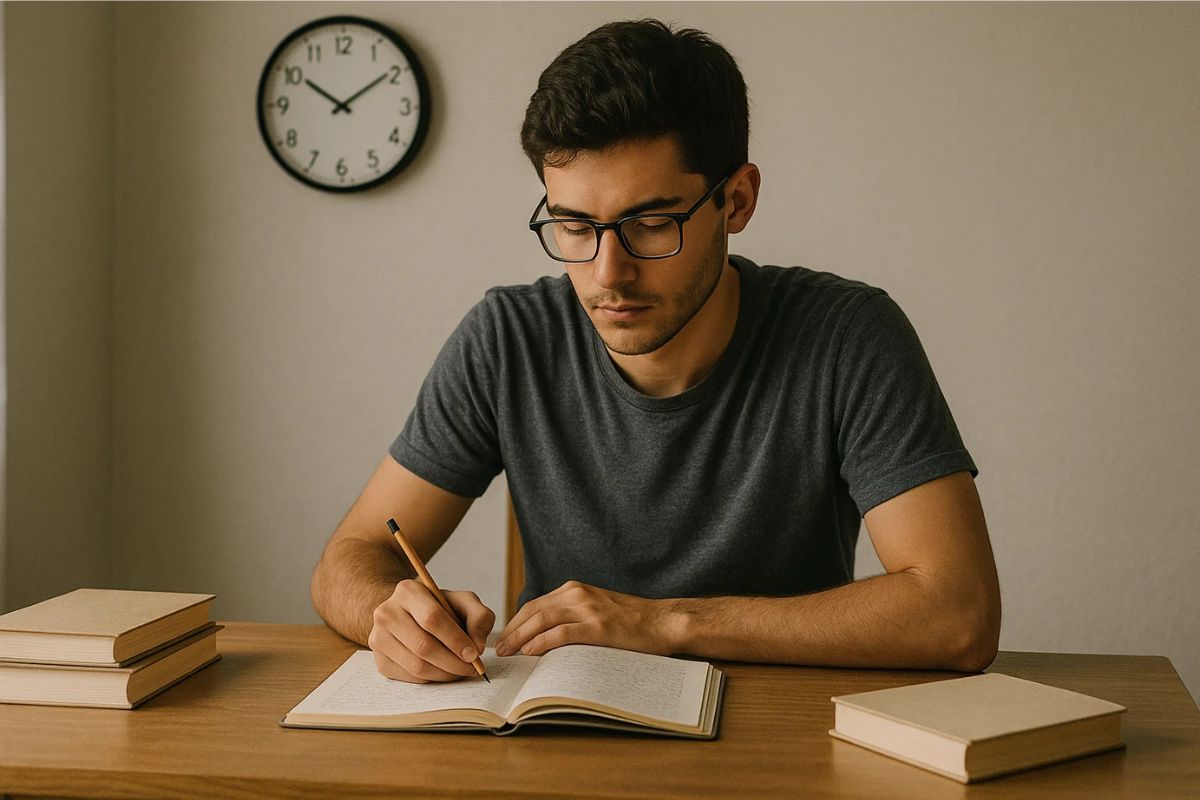 Um jovem pensando se dá para estudar 30 minutos para o concurso
