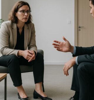 Uma pessoa vira o pé para saída enquanto fala com outra. Ambas estão sentadas