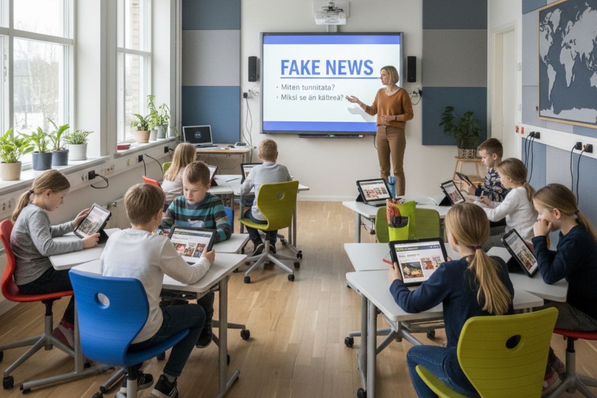 Uma professora na sala de aula em uma escola da Finlândia