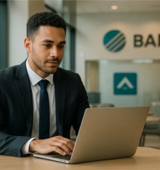 Um jovem trabalhando em uma instituição financeira em frente ao seu notebook