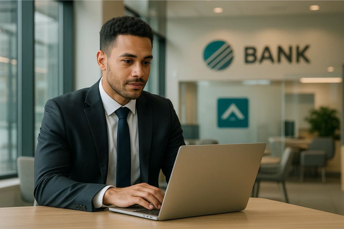 Um jovem trabalhando em uma instituição financeira em frente ao seu notebook