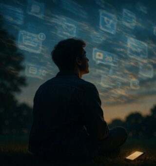 Uma pessoa no campo durante o amanhecer tentando esquecer do FOMO