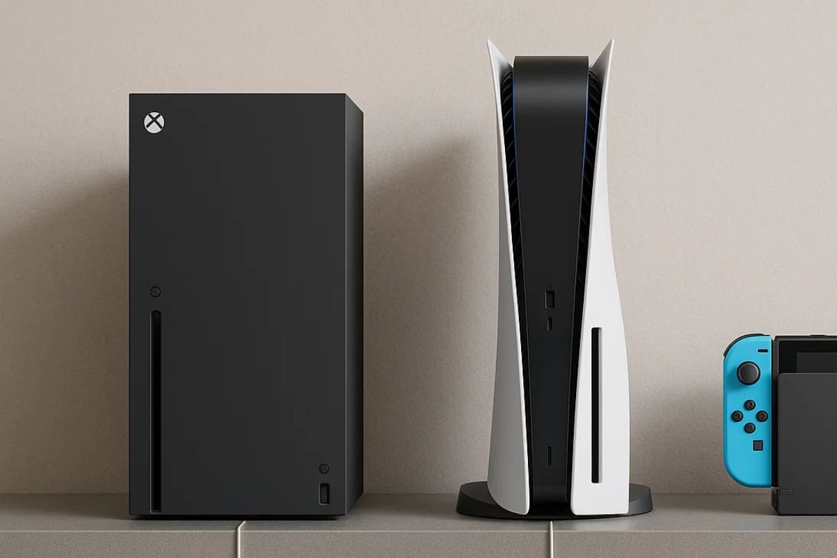 Game Pass: um console Xbox ao lado de um PS5 e um Nintendo