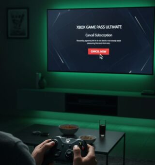 Um rapaz na sala da sua casa cancelando sua assinatura Game Pass