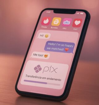 Celular de uma vítima do golpe do amor com diferentes aplicativos de relacionamento, uma troca de mensagem e transferência PIX na tela
