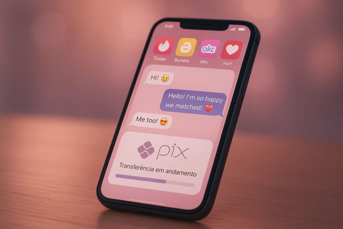 Celular de uma vítima do golpe do amor com diferentes aplicativos de relacionamento, uma troca de mensagem e transferência PIX na tela
