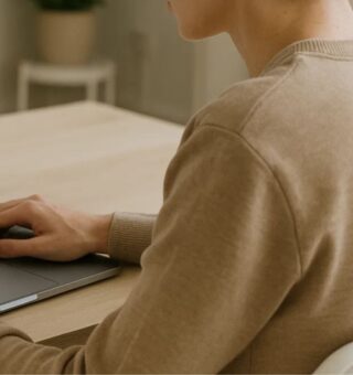 Um jovem em frente ao notebook acessa o Infojobs para procurar um emprego