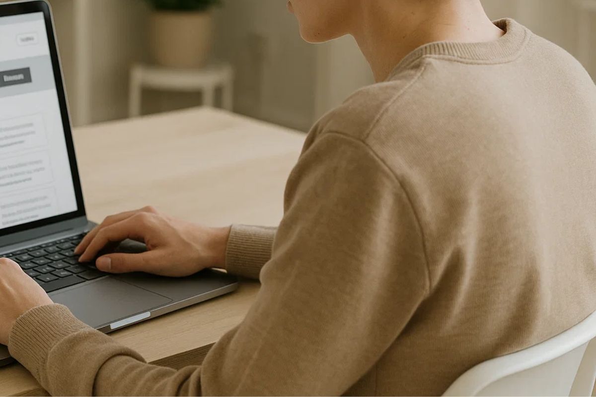 Um jovem em frente ao notebook acessa o Infojobs para procurar um emprego