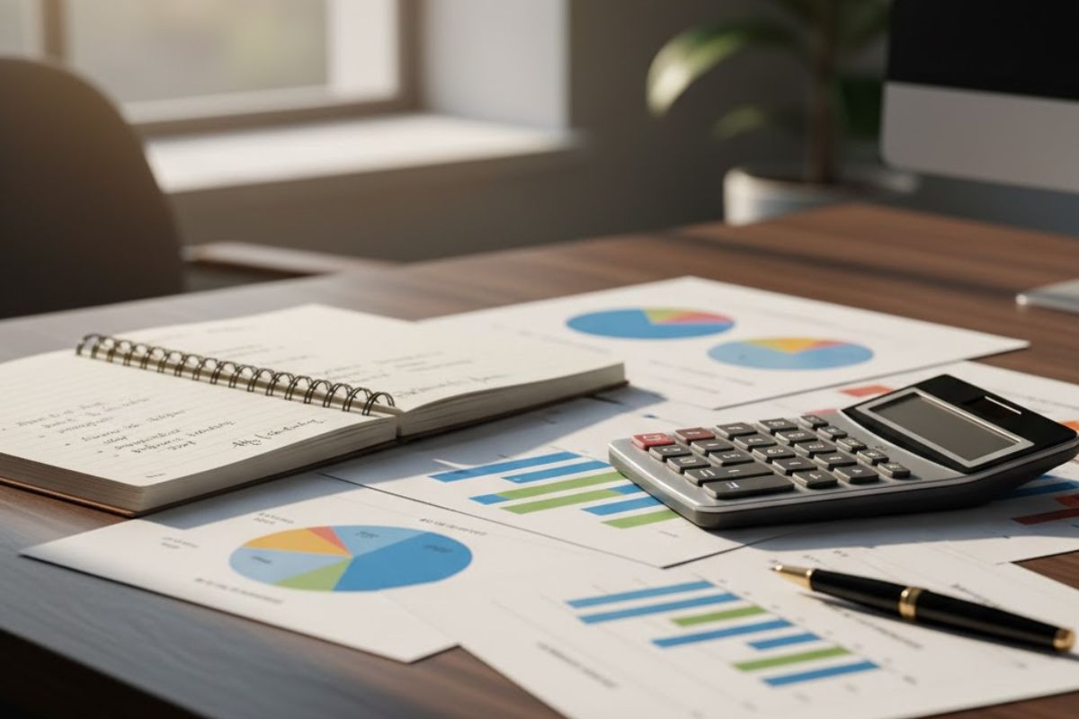 Uma pessoa com diferentes documentos na mesa para ver se vale a pena investir em fundos