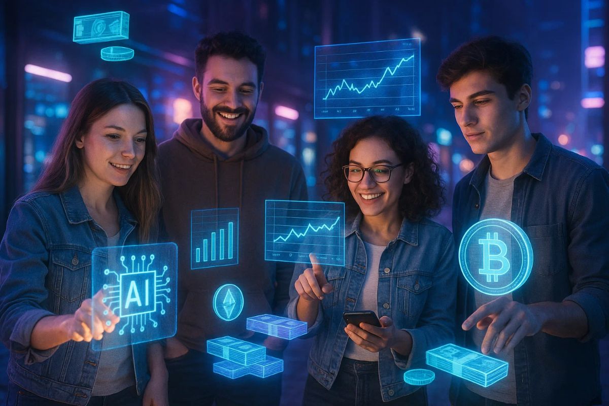 MIllennials se relacionando com finanças em um ambiente de realidade aumentada